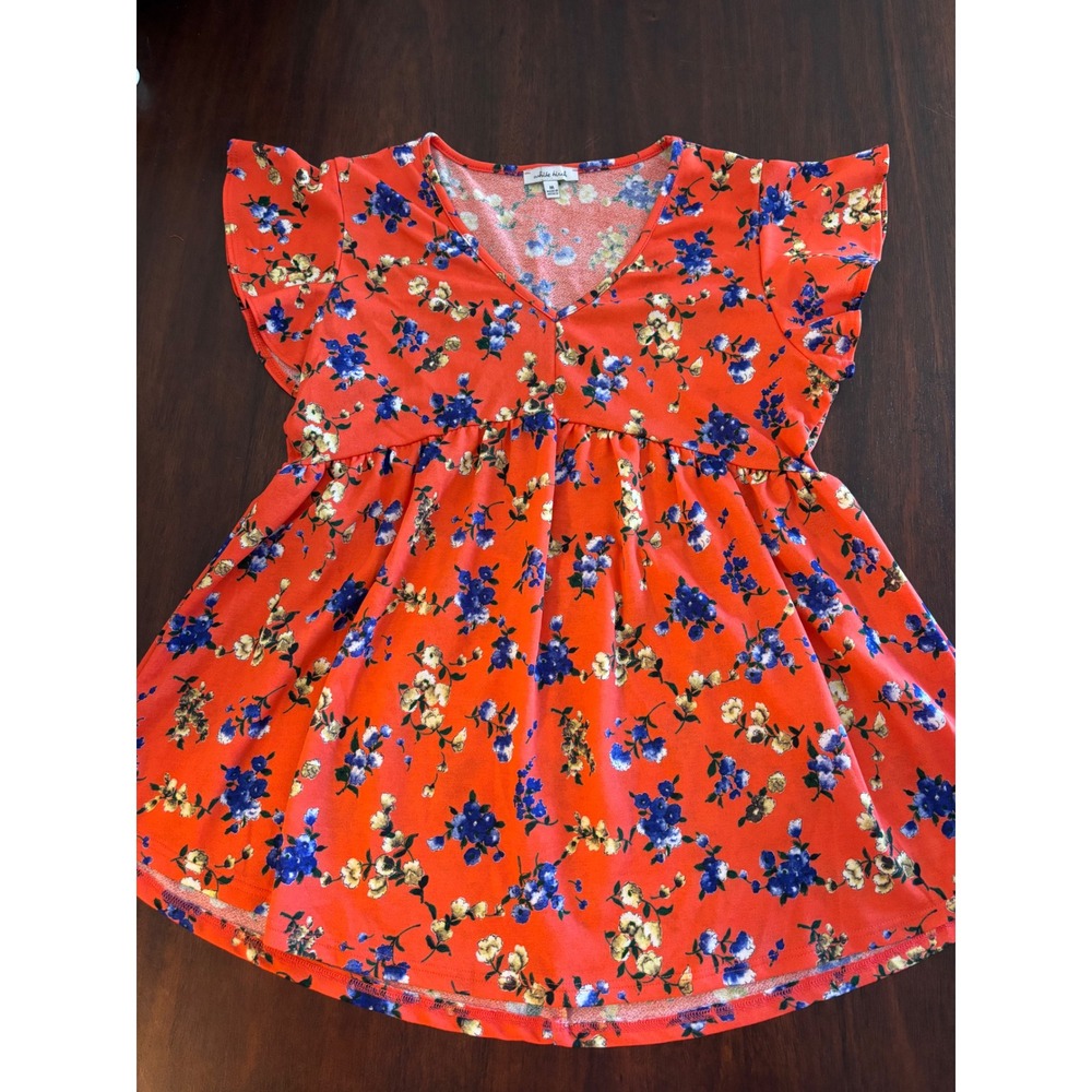White Birch Orange Floral Babydoll Top V-Neck Flutter Sleeve Womens Medium